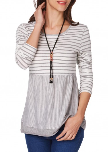 Long Sleeve Stripe Print Round Neck T Shirt Long Sleeve Stripe Print Round Neck T ShirtTees & T-shirts<br><br><br>color: Grey<br>size: S,M,L,XL,XXL