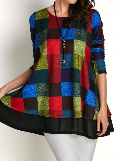 Plaid Print Mesh Panel Long Sleeve Blouse Plaid Print Mesh Panel Long Sleeve BlouseBlouses & Shirts<br><br><br>color: black/white/blue<br>size: S,M,L,XL,XXL
