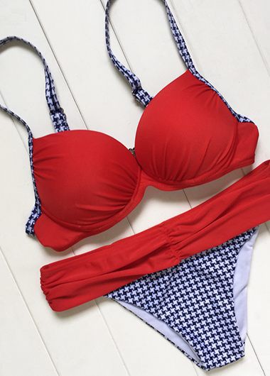 Spaghetti Strap Houndstooth Print Red Bikini Spaghetti Strap Houndstooth Print Red BikiniSwimwear<br><br><br>color: Red<br>size: S,M,L