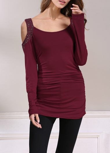 Rhinestone Embellished Cold Shoulder Ruched Burgundy T Shirt Rhinestone Embellished Cold Shoulder Ruched Burgundy T ShirtTees & T-shirts<br><br><br>color: Wine Red<br>size: S,M,L,XL,XXL