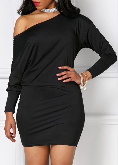 Three Quarter Sleeve Skew Neck Dress Three Quarter Sleeve Skew Neck DressCasual Dresses<br><br><br>color: Black<br>size: S,M,L,XL,XXL,XXXL