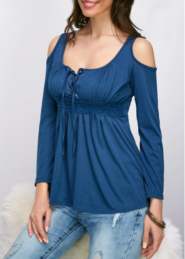 Cold Shoulder Lace Up Long Sleeve Blouse Cold Shoulder Lace Up Long Sleeve BlouseBlouses & Shirts<br><br><br>color: Navy blue<br>size: S,M,L,XL,XXL,XXXL,4XL,5XL