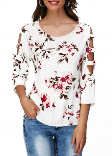 Cutout Sleeve Round Neck Flower Print T Shirt Cutout Sleeve Round Neck Flower Print T ShirtTees & T-shirts<br><br><br>color: White<br>size: S,M,L,XL,XXL