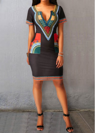 Black Split Neck Printed Pocket Dress Black Split Neck Printed Pocket DressPrint Dresses<br><br><br>color: Black<br>size: S,M,L,XL,XXL,XXXL