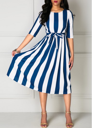 Half Sleeve Belted Stripe Print Dress Half Sleeve Belted Stripe Print DressPrint Dresses<br><br><br>color: White<br>size: S,M,L,XL,XXL