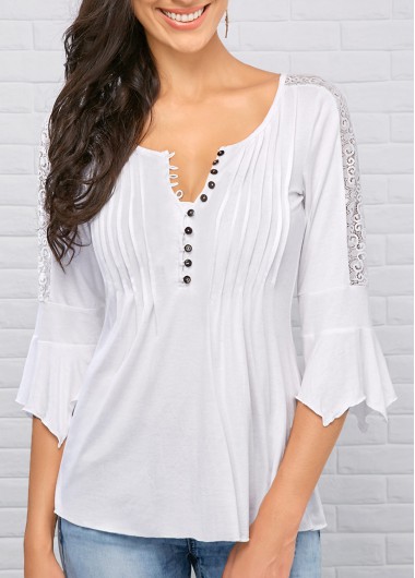 Three Quarter Sleeve Split Neck White Blouse Three Quarter Sleeve Split Neck White BlouseBlouses & Shirts<br><br><br>color: White<br>size: S,M,L,XL,XXL