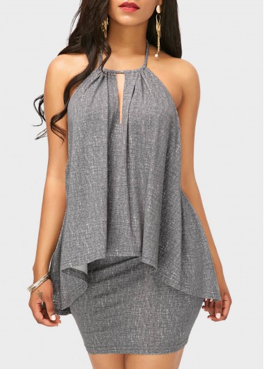 Asymmetric Hem Halter Neck Top and Grey Skirt Asymmetric Hem Halter Neck Top and Grey SkirtTwo Piece Dresses<br><br><br>color: Grey<br>size: M,L,XL,XXL