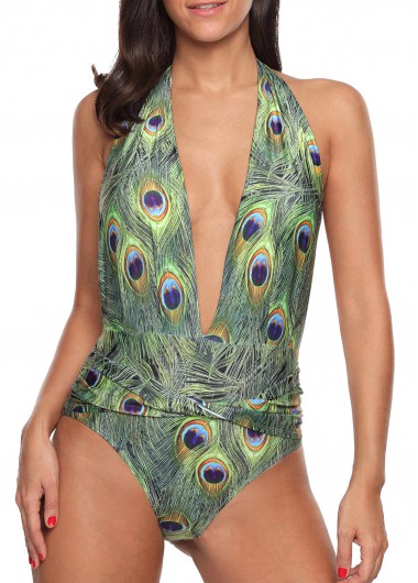 Printed Halter Neck Padded One Piece Swimwear Printed Halter Neck Padded One Piece SwimwearSwimwear<br><br><br>color: Green<br>size: S,M,L,XL