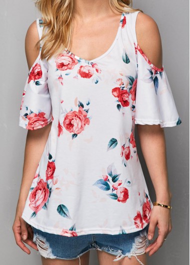 Cold Shoulder V Neck Flower Print T Shirt Cold Shoulder V Neck Flower Print T ShirtTees & T-shirts<br><br><br>color: White<br>size: S,M,L,XL,XXL