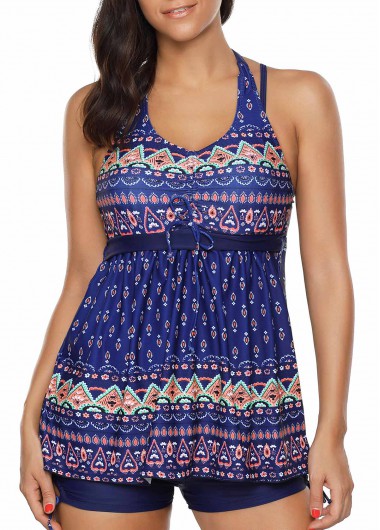 Printed Halter Navy Blue Tankini Set Printed Halter Navy Blue Tankini SetSwimwear<br><br><br>color: Navy blue<br>size: M,L,XL,XXL