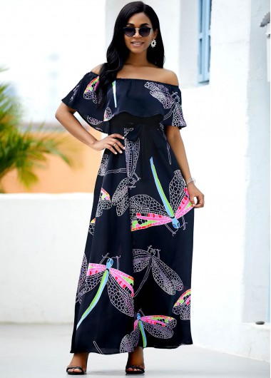 ROTITA Off the Shoulder Dragonfly Print Belted Maxi Dress