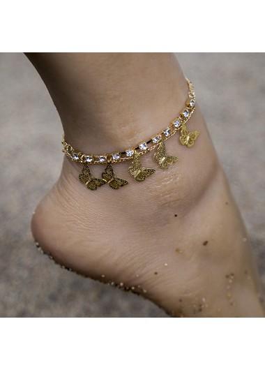 Rhinestone Detail Gold Metal Butterfly Anklet