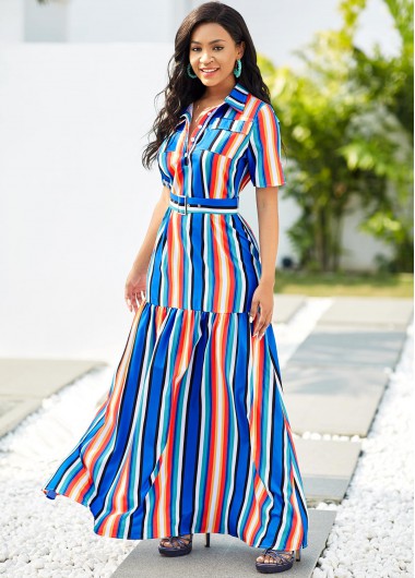Image of ROTITA Turndown Collar Rainbow Stripe Button Detail Maxi Dress