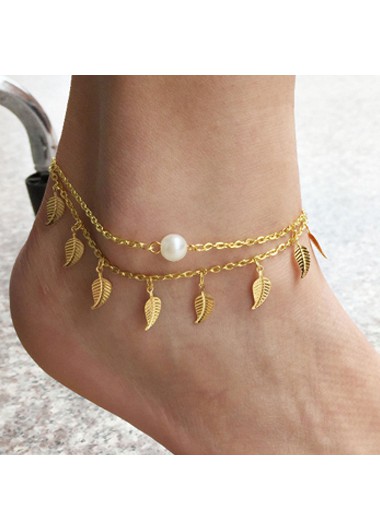 Pearl Detail Gold Metal Leaf Anklet