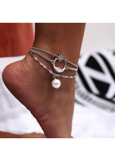 Pearl Design Moon and Star Pendant Anklet