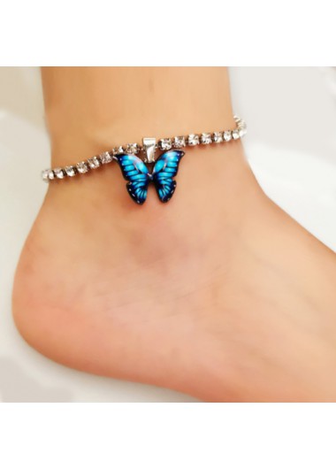 Rhinestone Design Butterfly Detail Silver Anklet