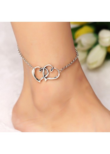 Metal Detail Silver Double Heart Design Anklet