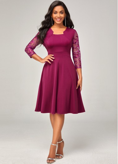 Image of ROTITA 3/4 Sleeve Lace Stitching Solid Dress