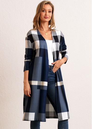 Image of Open Front Plaid Long Sleeve Cardigan
