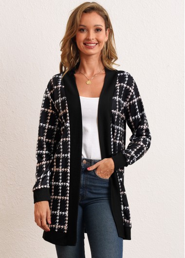 Image of Houndstooth Print Long Sleeve Open Front Cardigan