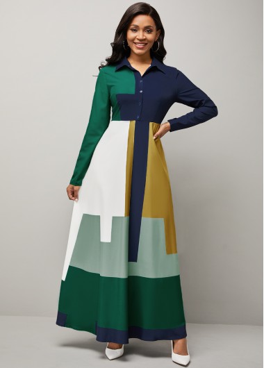 Image of ROTITA Geometric Print Turndown Collar Long Sleeve Dress