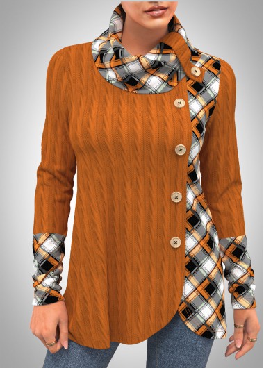 ROTITA Plaid Decorative Button Cowl Neck Long Sleeve Sweatshirt