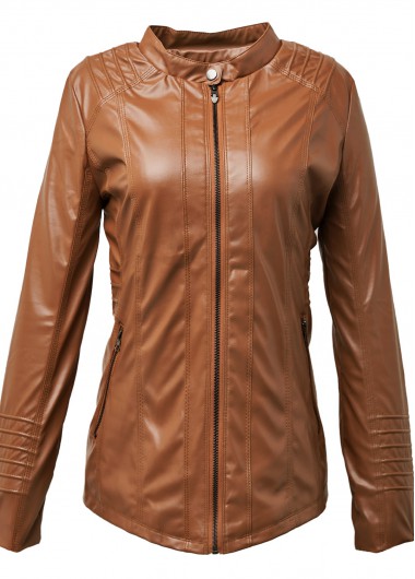 Image of Stand Collar Brown Long Sleeve Jacket