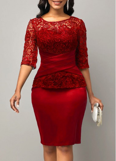 Image of ROTITA Red Lace Stitching 3/4 Sleeve Dress