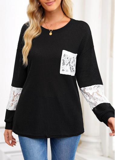 Lace Patchwork Black Round Neck Long Sleeve T Shirt