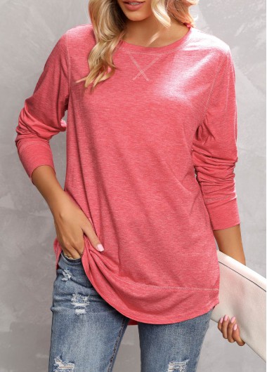 Peach Red Round Neck Long Sleeve T Shirt
