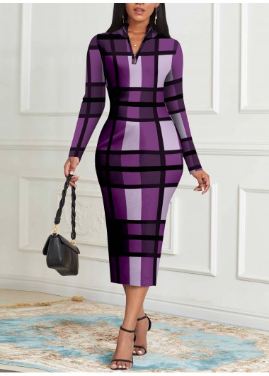 ROTITA Long Sleeve Purple Zipper Plaid Bodycon Dress