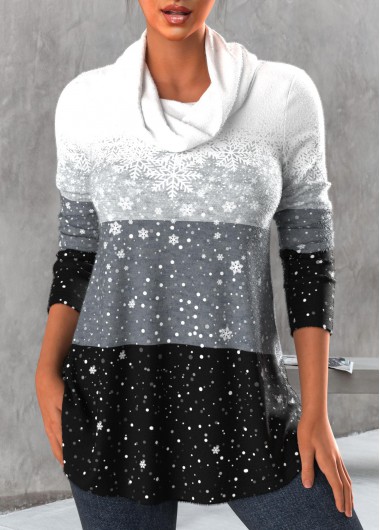 ROTITA Snowflake Print Grey Cowl Neck Long Sleeve Sweatshirt