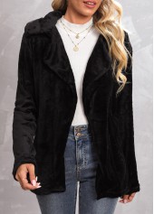 Plush Black Lapel Long Sleeve Coat