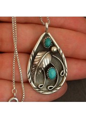 Turquoise Feather Design Teardrop Metal Necklace