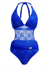Royal Blue swimwear,Plain Color swimwear,ROTITA Sheer Halter Lace Royal Blue One Piece Swimwear