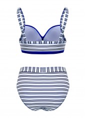 Royal Blue swimwear,Striped swimwear,ROTITA Stripe Print Contrast Royal Blue Bikini Set