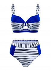 Royal Blue swimwear,Striped swimwear,ROTITA Stripe Print Contrast Royal Blue Bikini Set