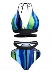 Cyan swimwear,Rainbow Color swimwear,Striped swimwear,ROTITA Mid Waist Striped Halter Bikini Set