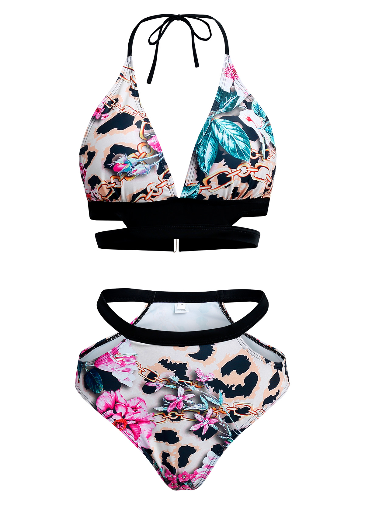 Multi Color swimwear,Floral swimwear,ROTITA Halter Floral Print Leopard Bikini Set
