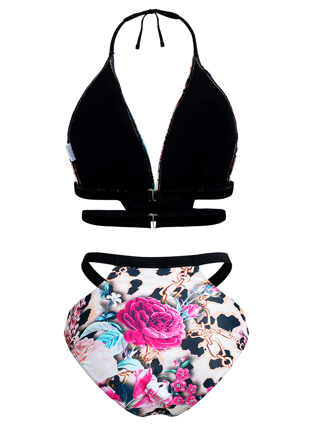 Multi Color swimwear,Floral swimwear,ROTITA Halter Floral Print Leopard Bikini Set