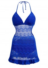 Royal Blue swimwear,Plain Color swimwear,ROTITA Solid Lace Stitching Halter Swimdress and Panty