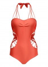 Orange swimwear,Plain Color swimwear,ROTITA Tie Back Tie Back Cutout Detail One Piece Swimwear
