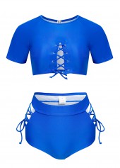 Royal Blue swimwear,Plain Color swimwear,ROTITA Cut Out Lace Up Royal Blue Bikini Top