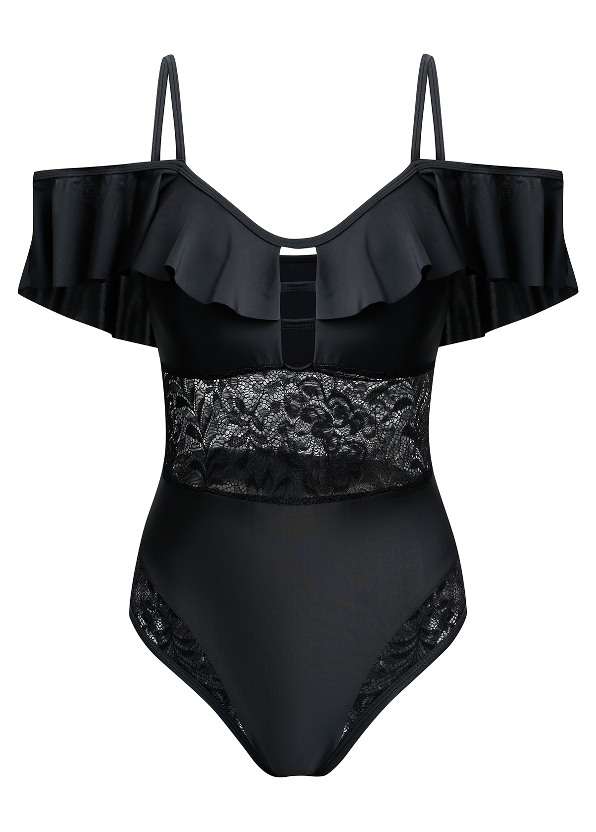 Black swimwear,Plain Color swimwear,ROTITA Lace Spaghetti Strap Black One Piece Swimwear