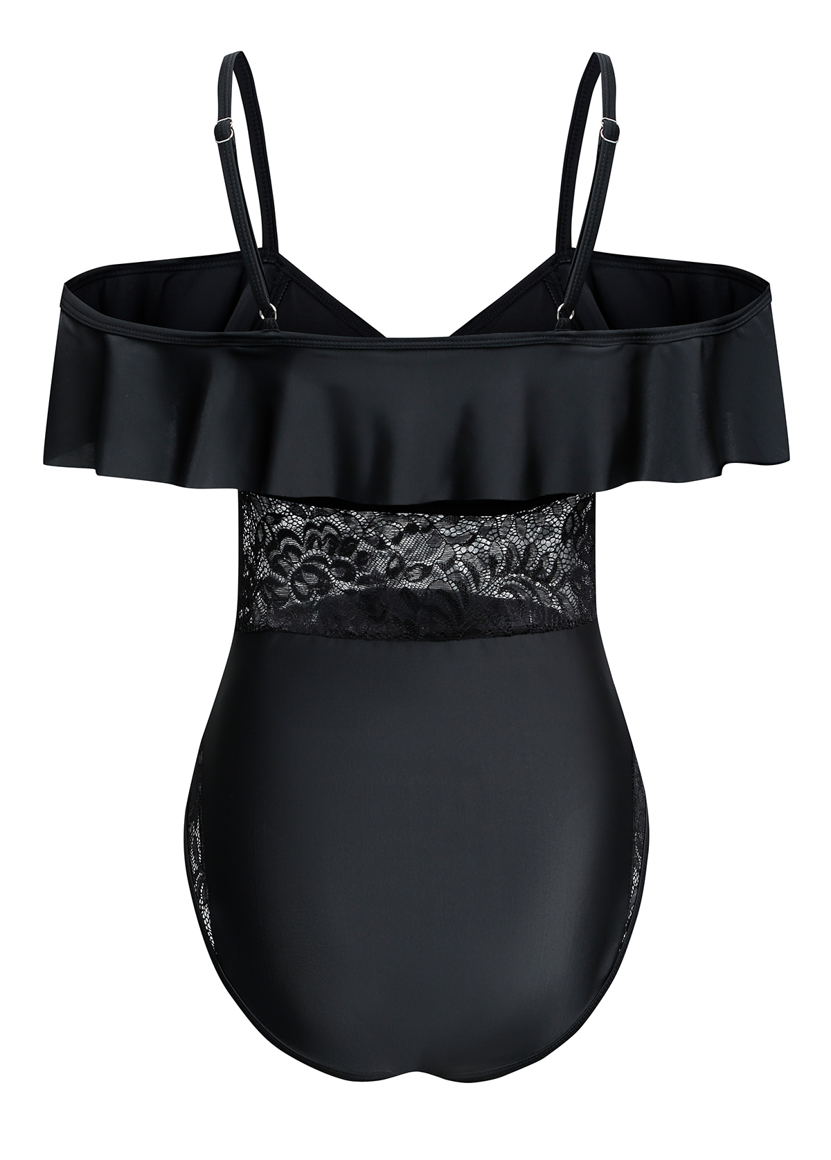 Black swimwear,Plain Color swimwear,ROTITA Lace Spaghetti Strap Black One Piece Swimwear