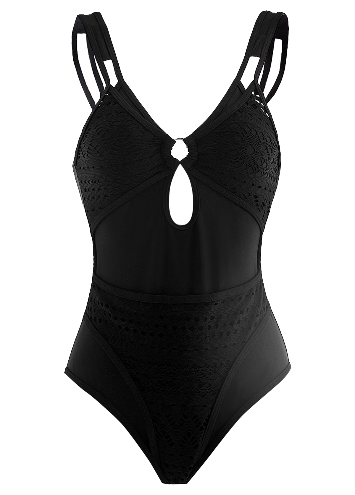Black swimwear,Plain Color swimwear,ROTITA Black Metal Ring Detail Lace Patchwork One Piece Swimwear