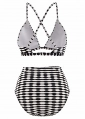 Black swimwear,White swimwear,Geometric swimwear,ROTITA Three-piece Black Geometric Print High Waisted Bikini Set