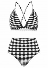 Black swimwear,White swimwear,Geometric swimwear,ROTITA Three-piece Black Geometric Print High Waisted Bikini Set