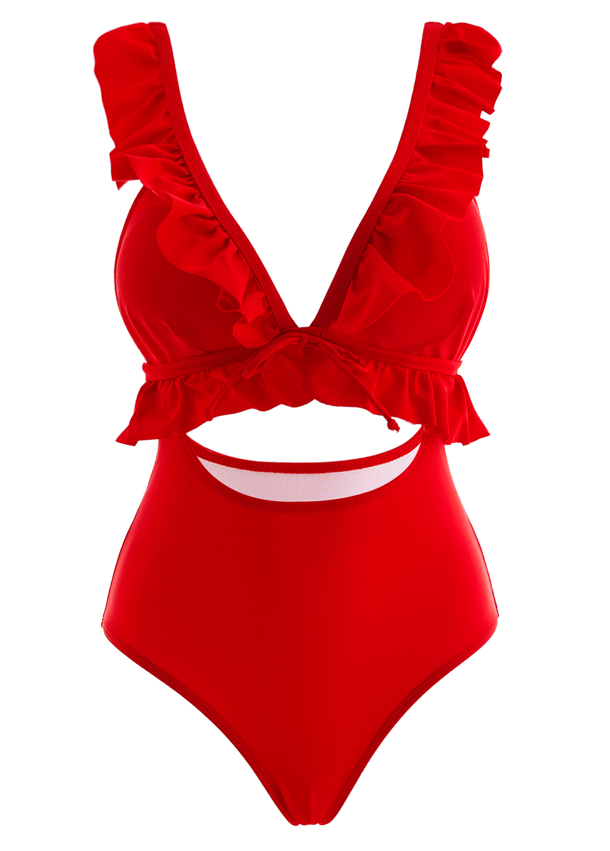 Red swimwear,Plain Color swimwear,Flounce Red Cutout One Piece Swimwear