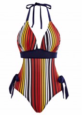 Multi Color swimwear,Rainbow Color swimwear,Striped swimwear,ROTITA Bowknot Side Striped Halter One Piece Swimwear
